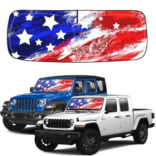 Windshield Sun Shade for Jeep Wrangler TJ JK JL & Gladiator JT Front Window Sun Visor Protector Flag Pattern Foldable Block UV Ray Windshield Sunshade Keep Car Cooler - color: For Wrangler-Flag