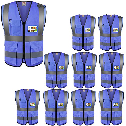 zojo High Visibility Safety Vests With Pockets, Wholesale Reflective Vest for Outdoor Works, Cycling, Jogging, Walking,Sports - Fits for Men and Women (Pack of 10, XL-Blue) - color: 10pcs-blue-xl, size: Large-X-Large