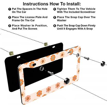 2Pcs Sunflower Retro License Plate Frames Cover Holders Stainless Steel Retro Flowers License Plate Cover with Screw Caps Cover and Screwdriver Set - 2-Hole for Girl Women - color: Smile Flower