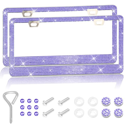 2 Packs Bling License Plate Frames, Bedazzled Sparkly Cute Water Diamond Stainless Steel，Car Accessories with Diamond Sparkle Glitter Caps，Suitable for Both Men and Women（Purple） - color: Purple, size: 2