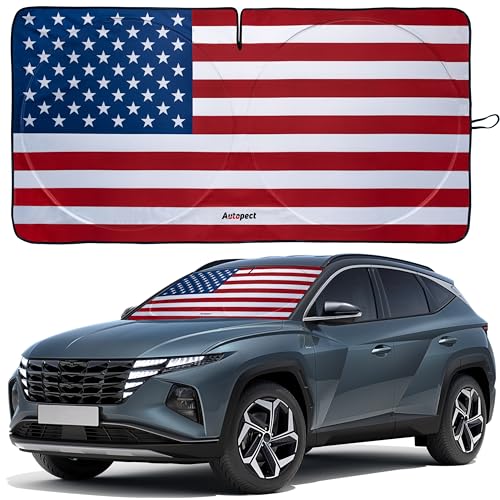 Autopect Windshield Sun Shade - American Flag Design, High-Resolution Sun Visor for Car, Truck, SUV with Mirror Cut-Out for Interior Sun Protection, Foldable Car Sun Shade (Original, Large) - color: USA ORIGINAL FLAG, size: Large