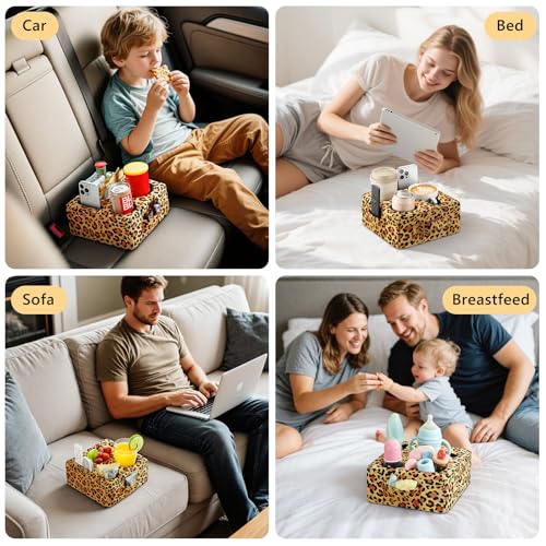 Luxspire Couch Cup Holder Tray, Couch Cup Holder Pillow with 4 Holes, Side Pocket and Handle, Couch Caddy Pillow for Phone/Drinks/Remote Control/Snacks, Leopard Print - color: Leopard Print