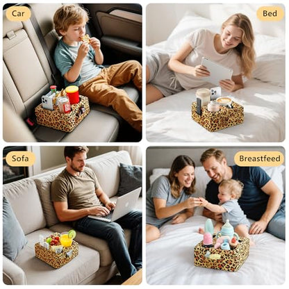 Luxspire Couch Cup Holder Tray, Couch Cup Holder Pillow with 4 Holes, Side Pocket and Handle, Couch Caddy Pillow for Phone/Drinks/Remote Control/Snacks, Leopard Print - color: Leopard Print