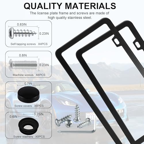 LivTee Black License Plate Frames, 2 Holes Stainless Steel License Plate Covers, 2PCS Car License Plate Holder, Automotive Exterior Accessories, Slim Design with Gasket Cover for US Cars - color: Black