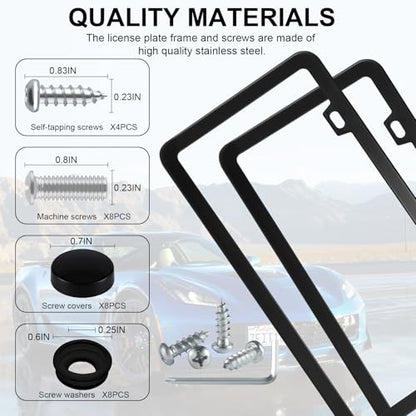 LivTee Black License Plate Frames, 2 Holes Stainless Steel License Plate Covers, 2PCS Car License Plate Holder, Automotive Exterior Accessories, Slim Design with Gasket Cover for US Cars - color: Black