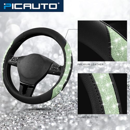 PIC AUTO Steering Wheel Cover, Green Sparkly Crystal Bling Glitter with Leather, Universal Fit 14.5"-15.5" Car Steering Wheels for Girls & Women, Anti-Slip Wheels Cover for Cars, Trucks, Van, SUVs - color: Green Glitter