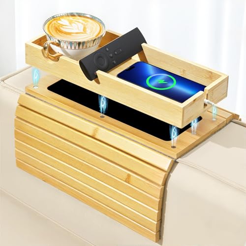 Luxspire Couch Armrest Table, 2-in-1 Magnetic Detachable Sofa Arm Tray with Cup Holder and Phone Holder, Foldable Bamboo Couch Cup Holder for Remote Controls, Phones, Snacks, Cups, Burlywood - color: Burlywood