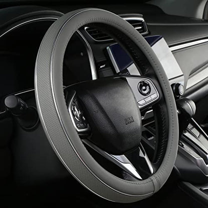 ALEMODR Gray Leather Steering Wheel Cover Silver Fiber Strip Car Steering Wheel Cover Universal 15 inch for Men - color: Gray