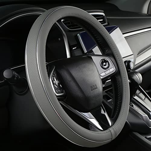 ALEMODR Gray Leather Steering Wheel Cover Silver Fiber Strip Car Steering Wheel Cover Universal 15 inch for Men - color: Gray