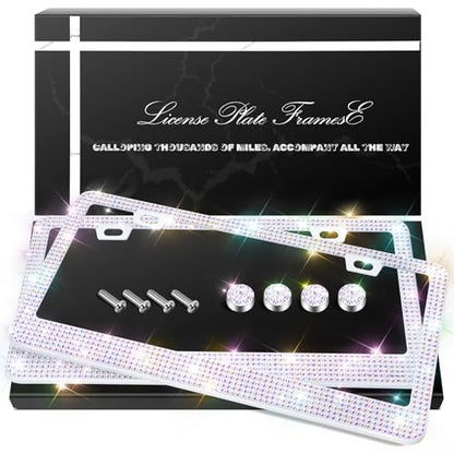 QUANQIUFEI 2 Pack Bling License Plate Frames, Sparkly Rhinestone Diamond Car License Plate Cover for Women, Stainless Steel Car Accessories with Glitter Crystal Caps (Crystal AB) - color: Crystal AB