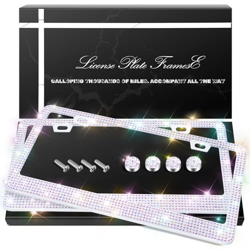 QUANQIUFEI 2 Pack Bling License Plate Frames, Sparkly Rhinestone Diamond Car License Plate Cover for Women, Stainless Steel Car Accessories with Glitter Crystal Caps (Crystal AB) - color: Crystal AB