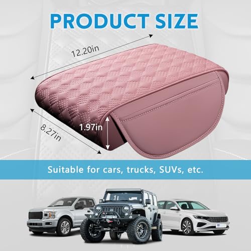 wuyaoyao Car Center Console Cover, 12.2"×8.27"×1.97" Leather Center Console Protector, Auto Armrest Pad with 2 Storage Pocket, Universal Armrest Cover Cushion for Most Cars, Trucks, SUVs (Pink) - color: Pink