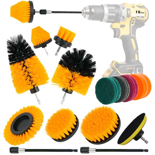 18PCS Drill Brush Attachments Set, Power Cleaning Scrub Brushes with Scrub Pads, Sponge, Extend Long Attachment, Cleaning Brush Supplies for Bathroom Bathtub, Grout, Tile, Sinks, Corners, Car Wheel