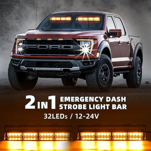 2 in 1 LED Emergency Dash Strobe Light Bar Front/Rear Windshield Safety Flashing Warning Hazard Interior Lights for Police Firefighter Construction Vehicles Trucks (2x14 inch, Amber/Amber) - color: #02 Amber/Amber