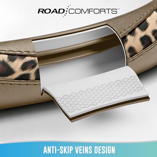Road Comforts Steering Wheel Cover - Made with PVC Leather and Leopard Fabric - Universal 14 1/2 inches to 15 inches for Most Automotive Steering Wheel - Cheetah Print -Beige - color: Round-Beige