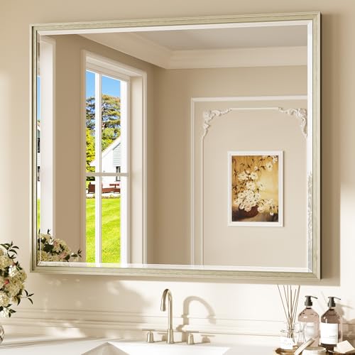 Keonjinn 42" x 36" Brushed Nickel Bathroom Vanity Mirror, Large Silver Bathroom Mirrors for Wall, Wide Metal Frame, HD Tempered Glass, Shatterproof, Rectangle Wall-Mounted Mirrors for Over Sink - color: Brushed Nickel, size: 36"L x 42"W