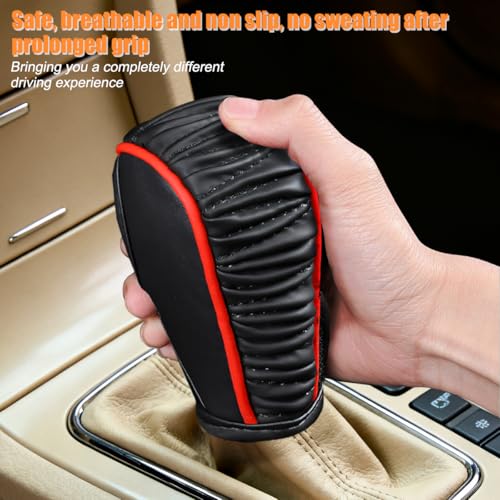 Zpana Car Gear Shift Knob Cover, Leather Automatic Vehicle Shifter Knob Protector, Anti-Slip Auto Interior Gear Stick Lever Handle Protection Cover, Universal for SUV, Sedan, Truck (Black/Red) - color: Black/Red
