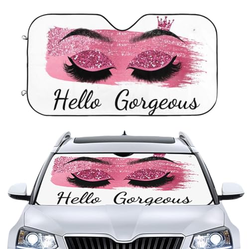 Hello Gorgeous Car Windshield Sunshade, Pink (No Sequin) Eyelash Front Window Sun Shades, Folding Block UV Rays Sun Visor Protector for Car, Sedan, Truck, SUV Cute Auto Interior Accessories 51x27.5 In - color: Pink Sequins Eye Eyelash Hello Gorgeous