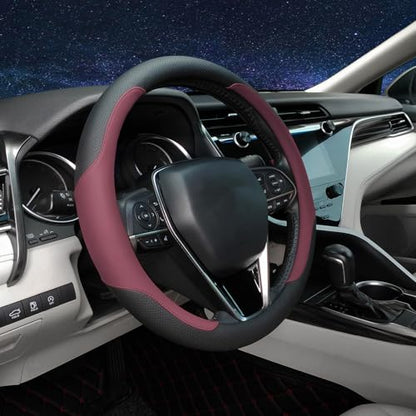 Steering Wheel Cover Standard Size Medium 14.5-15 inch, Breathable Microfiber Leather, Anti-Slip, Soft Grip, Universal Fit for Cars SUVs Trucks, Black and Burgundy - color: Black and Red