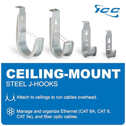 ICC Ceiling Mount J Hook 3/4” Without Retainer Clip - Galvanized Steel Cable Management Hooks for Hanging Cable - Rust-Resistant, EIA and TIA Compliant - 3/4 Inch 25 Pack - size: 3/4 in, style: Ceiling Mount