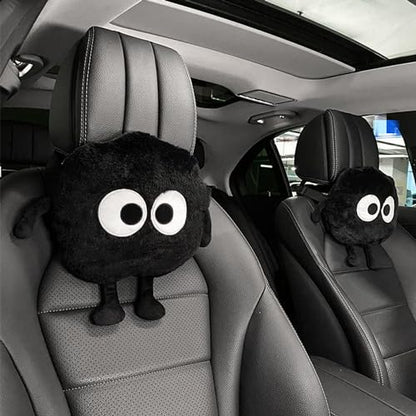 Car Headrest Pillow & Steering Wheel Cover Set with Cute Big-Eyed Furball Travel Neck Support Pillow Fur Car Interior Accessory (Black 5Pcs Set) - color: Black 5pcs Set
