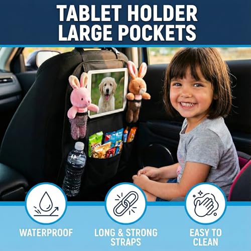 Car Backseat Organizer with 12 Storage Pockets, 12" Touch Screen Tablet Holder, Waterproof Kick Mats Seat Protector, Car Organizers and Storage for Kids, Road Trip Essentials（2 Pack，Black）