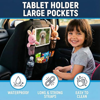 Car Backseat Organizer with 12 Storage Pockets, 12" Touch Screen Tablet Holder, Waterproof Kick Mats Seat Protector, Car Organizers and Storage for Kids, Road Trip Essentials（2 Pack，Black）