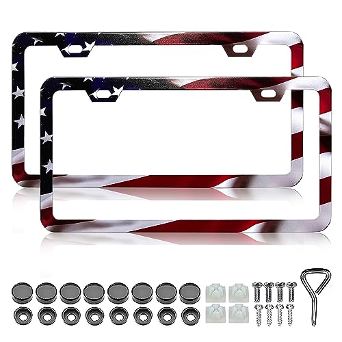LIN KANG Patriotic American Flag License Plate Frame Holder - 2 Pack Universal Aluminum Matte Stripe US Flag Gloss Car Plate Frame Covers with 2 Holes and Screws Fasteners Caps - color: Matte American flag Narrow side F