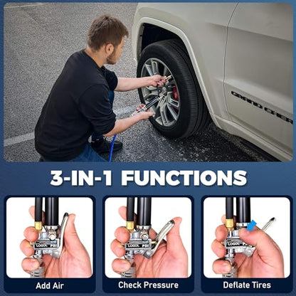 Tire Inflator with Pressure Gauge(10-120 PSI).Calibrated to ANSI B40.1 Grade B.w/Rubber Hose Lock on Air Chuck and Connect Coupler.