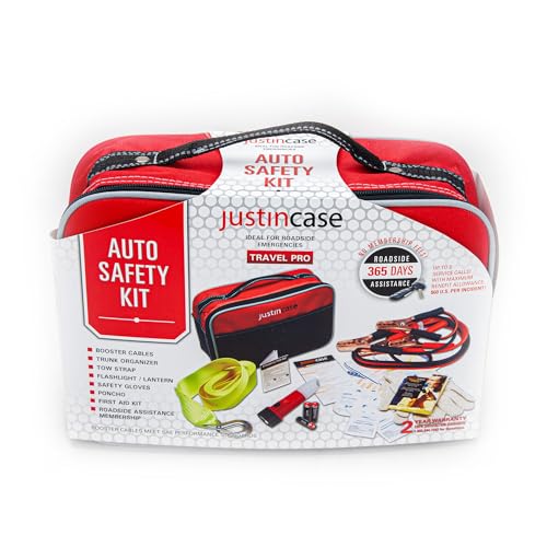 Justin Case Travel Pro Emergency Roadside Kit - Compact Car Safety Set with Jumper Cables, Tow Strap, Flashlight, Gloves, First Aid Kit & 1-Year Free Roadside Assistance