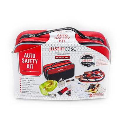 Justin Case Travel Pro Emergency Roadside Kit - Compact Car Safety Set with Jumper Cables, Tow Strap, Flashlight, Gloves, First Aid Kit & 1-Year Free Roadside Assistance
