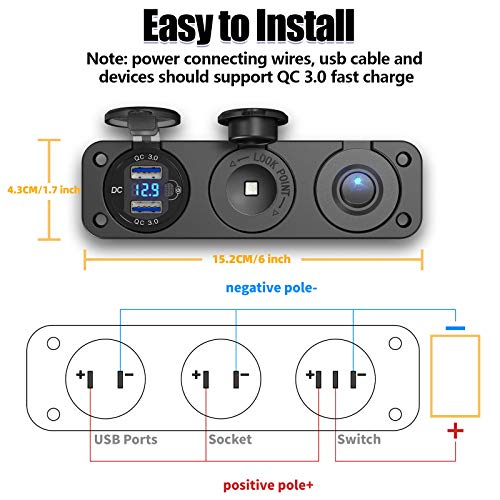 Cigarette Lighter Socket 12V Splitter with Rocker Toggle Switch, Dual Quick Charge 3.0 Aluminum Metal 12 Volt USB Outlet with LED Voltmeter, Waterproof Cigarette Lighter Adapter Female Socket Plug DC
