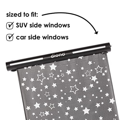 Diono Starry Night Car Window Shade for Baby, Retractable Car Sun Shade for Blocking Sun Glare, UV Rays with Glow in The Darks Stars, Black