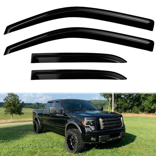 4PC Rain Guards for 2009-2013 Ford F150 Crew Cab Window Visors for 09-13 F150 Pickup Deflectors Sun Shades Vent Tape On Out Channel - size: 09-14 Ford F150 Super Crew Cab