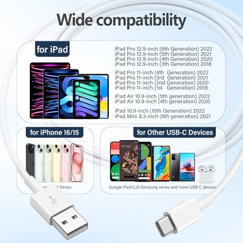 BWOGGJ Car Carplay USB C Cable for iPhone 17 16 15 Pro Max, iPhone Air, 17 16 15 Plus, iPhone 16e, 2Pack USB A to USB C Fast Charger Carplay USBC Cable Car Charging USB C Cord 3FT (White) - size: 60W 3FT 2Pack