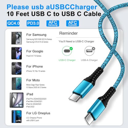 USB C iPhone 16 17 Charger Cable Fast iPhone 16 Charging Cord 10FT 2 Pack for iPhone 17e 17 Pro Max 16 Pro Max,16 Plus,16 Pro,15, Extra Long iPhone 16 Plus Car Charger Cord USB C to USB C Power Cord