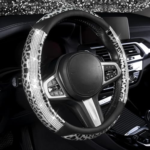 AUTOYOUTH Leopard Steering Wheel Cover - Bling Crystal Rhinestones Cheetah Print on Leather Non-Slip Breathable Design for Women/Girls Universal Fit 14.5-15 Inch(Black & Silver) - color: BLACK SILVER