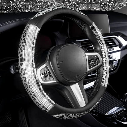 AUTOYOUTH Leopard Steering Wheel Cover - Bling Crystal Rhinestones Cheetah Print on Leather Non-Slip Breathable Design for Women/Girls Universal Fit 14.5-15 Inch(Black & Silver) - color: BLACK SILVER