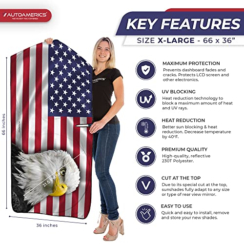 Autoamerics Truck Windshield Sun Shade with Storage Pouch & Anti-Slip Dash Pad - Foldable American Eagle Flag Design - Fits Most SUVs & Trucks - Blocks UV Rays, Keeps Car Cool | X-Large (66 x 36 in) - color: USA EAGLE FLAG, size: X-LARGE = 66 x 36 inches