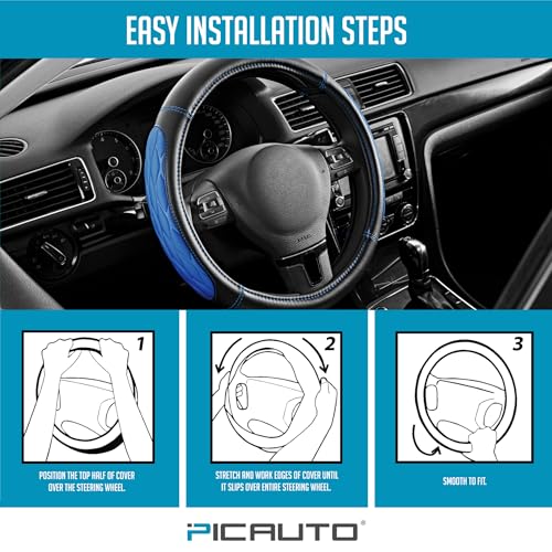 PIC AUTO Steering Wheel Cover, Blue Thick Rhombic Foam and Premium Leather, Universal 14.5-15.5 Inch Breathable Anti-Slip Steering Wheels Accessories for Men & Women - color: Blue