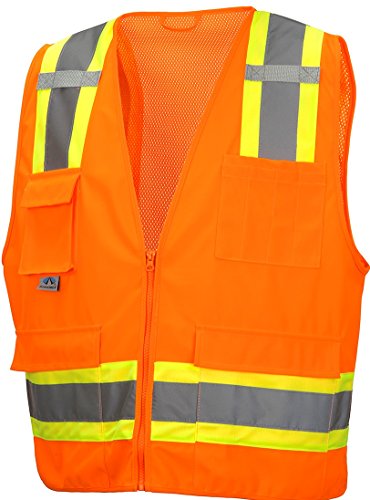 Pyramex Class 2 Surveyor's Safety Vest with 6 Pockets, Hi-Vis Lime, 4XL - color: Hi Vis Orange, size: X-Large