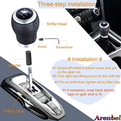 Arenbel 5 Speed Manual Gear Shifter Stick Handle Black Stitched Leather Shift Lever Knob Replacement Fit Most Trucks Cars - color: black with black stitching