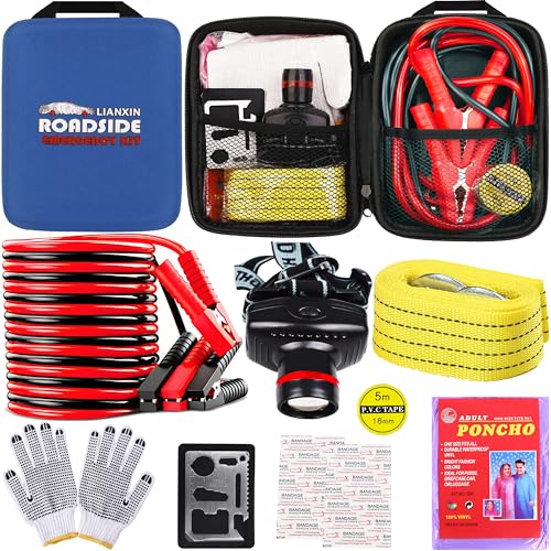 LIANXIN Car Roadside Emergency Kit, with Jumper Cables Automotive Kit,Car Safety Roadside Assistance Kit Headlamp,Tow Straps, Multi-Function Blades, Rainwear, Gloves.Blue - color: Blue