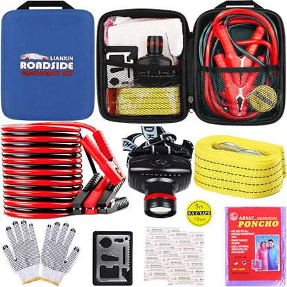 LIANXIN Car Roadside Emergency Kit, with Jumper Cables Automotive Kit,Car Safety Roadside Assistance Kit Headlamp,Tow Straps, Multi-Function Blades, Rainwear, Gloves.Blue - color: Blue