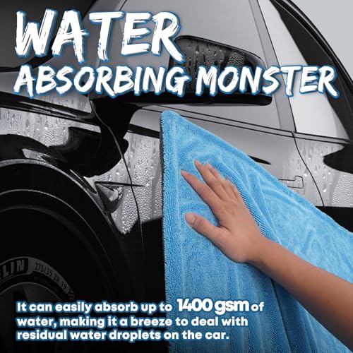 Metyond 48”x24” Car Drying Towel for Full-Sized SUV, Dual Sided Microfiber Car Cleaning Towel with Twisting Yarn Technique, 1400GSM Super Absorbent Scratch-Free, Machine Washable (Dark Gray - Blue)