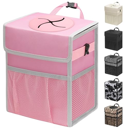 Capolo Car Trash Can with Lid, Leakproof Car Trash Bag Hanging Waterproof Automotive Garbage Can with Storage Pockets Mini Vehicle Trash Bin for Back/Front Seat(Pink,2.5 Gallon) - color: Pink, size: 2.5 Gallons