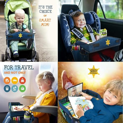 Coolmum Kids Travel Tray, Toddler Car Seat Tray, Double Sided Activity Organizer, Snack Lap Table, Baby Stroller Tray, Airplane Play Table, Waterproof and Foldable (Premium Blue) - color: Premium Blue