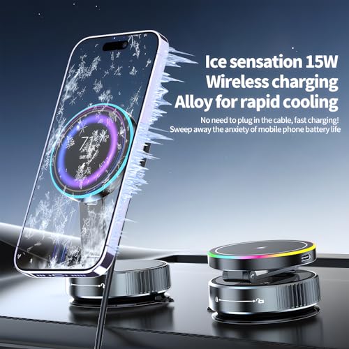 MagSafe Car Mount Charger 15W, Magnetic Wireless Car Charger with Vacuum Suction Cup, Strong Magnet Phone Holder for Dashboard, Compatible with iPhone 12-17 Pro Max & Android