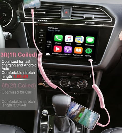 iPhone Charger Cable for Car 3FT, 2Pack Coiled Coiled Lightning Cable [Apple MFi Certified] iPhone Cable Compatible with iPhone14/13/12/11 Pro Max/XS MAX/XR/XS/X/8/7/Plus-Pink - color: Pink, size: 3ft, style: USB A to Lightning
