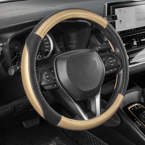 SEG Direct Steering Wheel Cover for Car, Standard Size 14.5-15 inch, Auto Interior Accessories, Black with Golden Carbon Fiber Pattern - color: Black and Golden, size: Standard size[14 1/2''-15'']